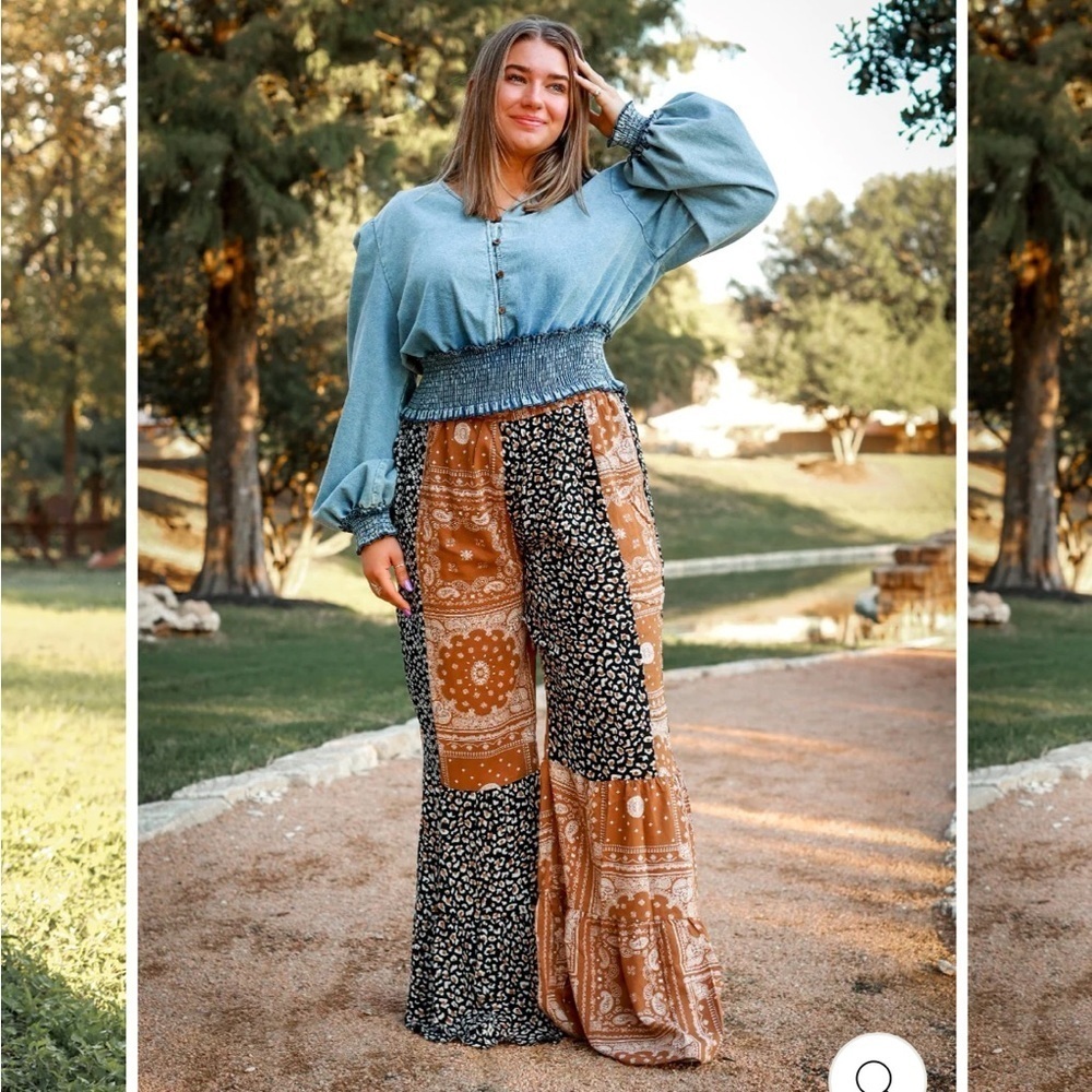 New GRACE & EMMA Tan Paisley Multi Patchwork Ruffle Pants